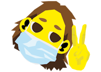a yellow face with a medical mask and a peace sign