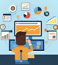 a man sitting in front of a computer with a lot of graphs around him