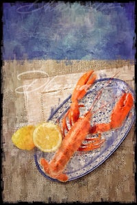 a painting of a lobster on a plate with lemon wedges