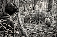 a black and white drawing of a group of people in the woods
