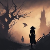 a woman walking down a path with a castle in the background