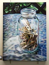 a painting of clothespins in a jar on a table