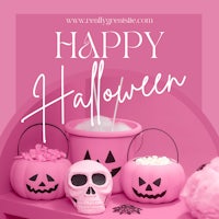a pink background with a skull, candy, and pumpkins