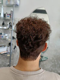 back view of a man with curly hair in a salon