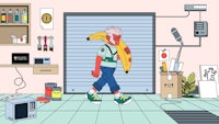 a cartoon of a man holding a banana in a garage