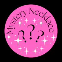 a pink circle with a question mark on it that says mystery necklace