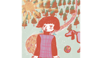 an illustration of a girl and a dog in the forest