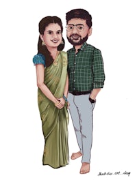 a caricature of a couple in a green sari