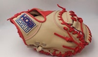 a baseball mitt with a red and white design
