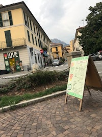 a sign on a sidewalk in front of a building