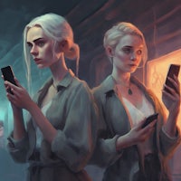 two women are looking at their phones in a dark room