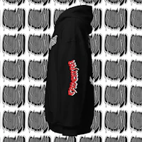 a black hoodie with a red logo on it