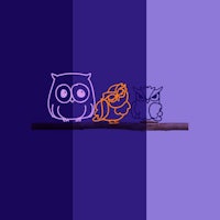 three owls sitting on a branch with a purple background