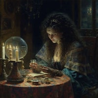 a painting of a woman sitting at a table with candles