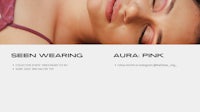 a woman is laying down with the words seen wearing aura pink