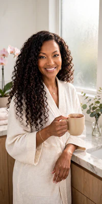 a woman in a bathrobe holding a cup of coffee