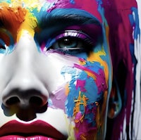 a close up of a woman with colorful paint on her face