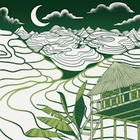 a drawing of a hut on a rice field