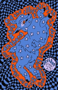 a poster with an image of a goat on a blue background