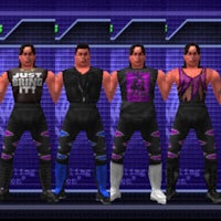 four wrestlers standing in front of a purple screen