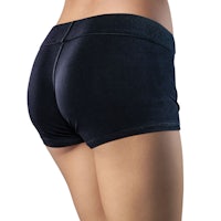 the back view of a woman in black shorts