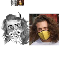 a drawing of a man with long hair and a yellow face mask