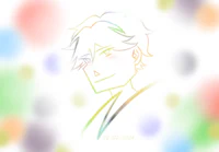 a drawing of a man with a rainbow background