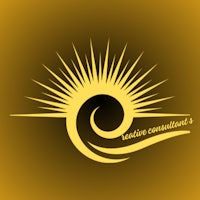 a logo with a sunburst on a brown background