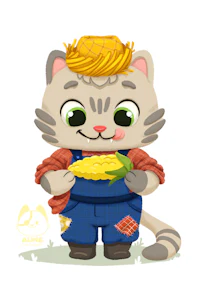 a cartoon cat wearing overalls and holding corn