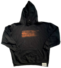 a black hoodie with an orange logo on it