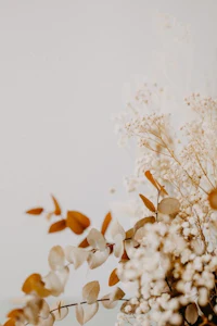 a bouquet of white and brown flowers on a table