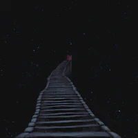 a black and white image of a stairway leading to a door