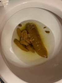 a toilet bowl with a piece of meat in it