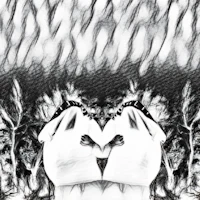 a black and white drawing of a woman in front of a tree