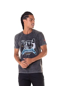 a man wearing a black t - shirt with an image of a man and a woman