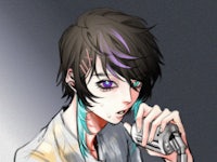 an anime girl with purple hair holding a microphone