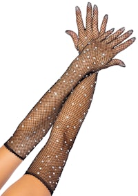a woman's hand with fishnet gloves and rhinestones