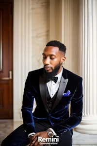 a black man in a tuxedo sitting on a pillar