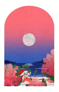 an illustration of a pink moon over a lake