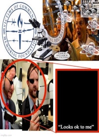 a picture of a man with a microscope in front of him