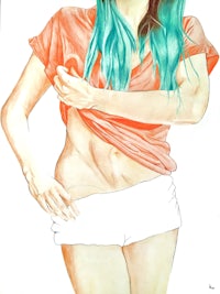 a watercolor painting of a woman with blue hair