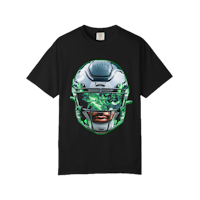 a black t - shirt with an image of a green helmet