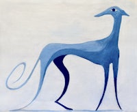 a painting of a blue dog standing on a white background