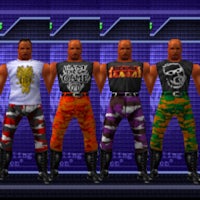 a group of wrestlers standing in front of a screen