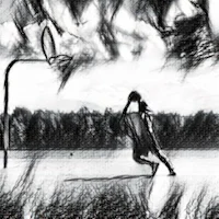 a black and white drawing of a basketball player