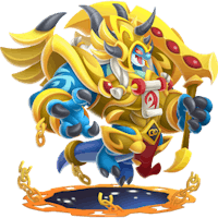 a blue and yellow character with horns and a sword