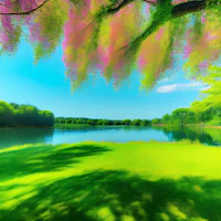 an image of a lake with a pink tree in the background