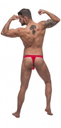 the back of a man in a red thong