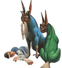 a painting of a man and a dog with horns