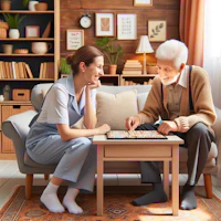 a woman and an elderly man playing a game of checkers in a living room